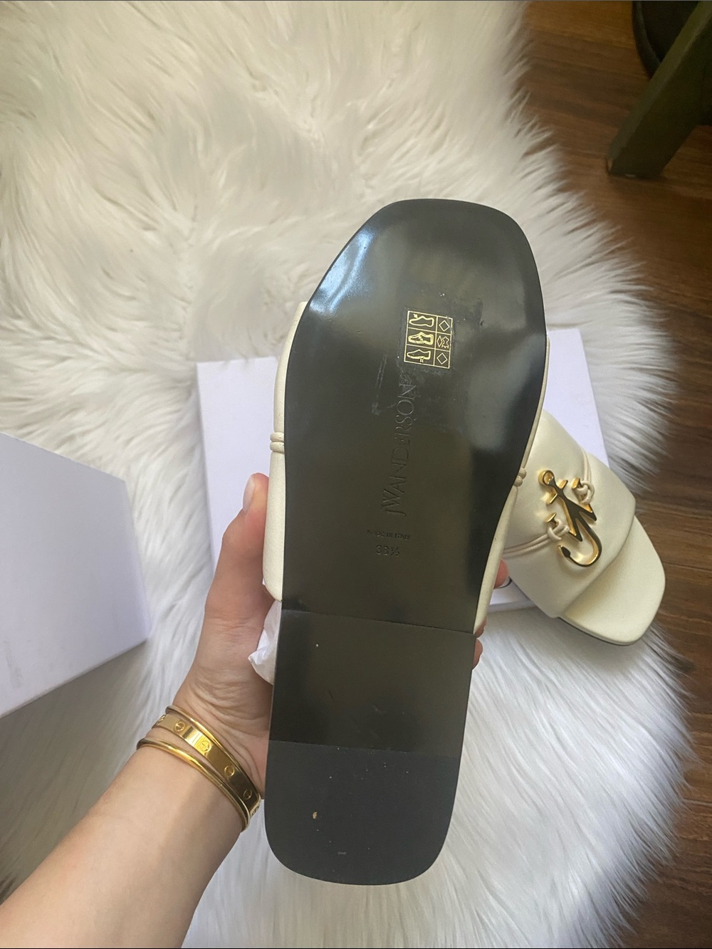 JW ANDERSON Cream Leather Slide Sandals with Gold Anchoring - Picture 2 of 5